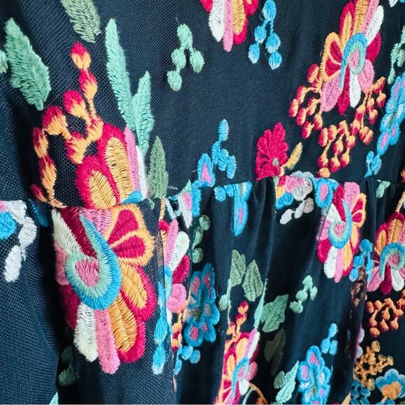 ANTHROPOLOGIE Black Sheer Mesh Floral Embroidery Overlay Sleeve Mini Dress S - Picture 6 of 14